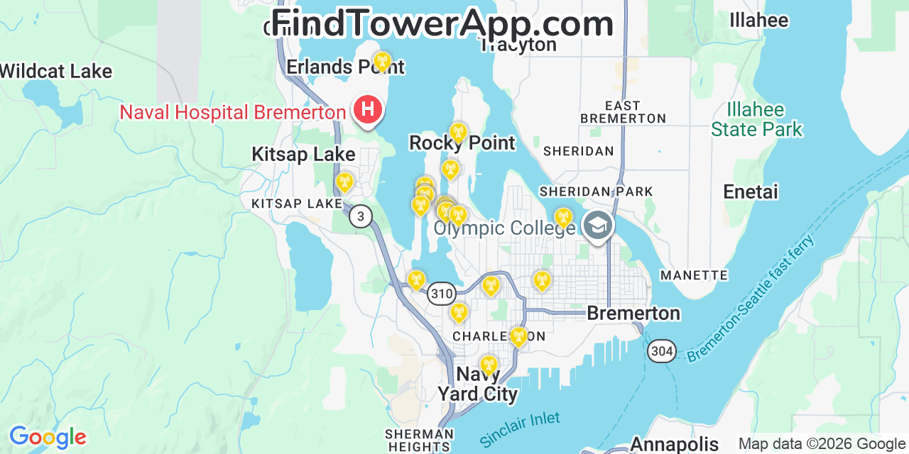 Map showing the 20 primary cell tower locations detected in Rocky Point, Washington from AT&T, Verizon, and T-Mobile networks