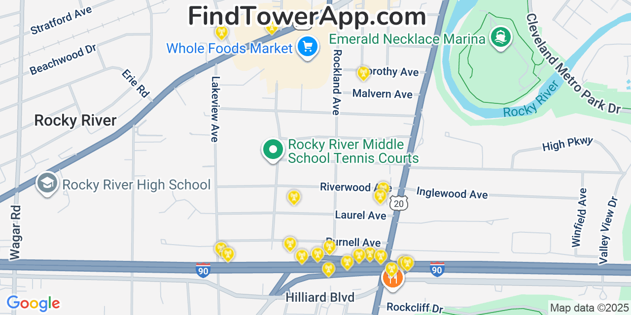 Map showing the 20 primary cell tower locations detected in Rocky River, Ohio from AT&T, Verizon, and T-Mobile networks