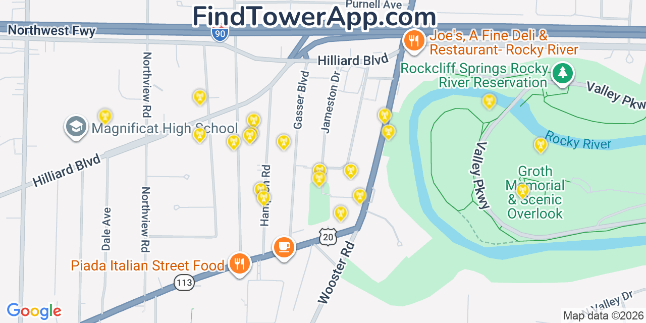 Map showing the 20 primary cell tower locations detected in Rocky River, Ohio from AT&T, Verizon, and T-Mobile networks