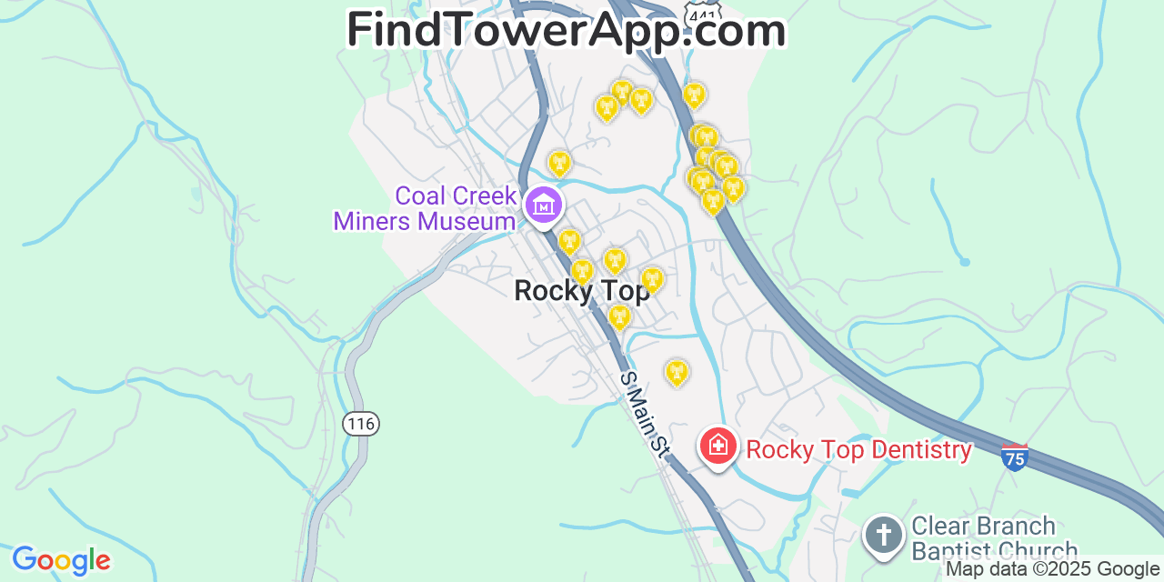 Map showing the 20 primary cell tower locations detected in Rocky Top, Tennessee from AT&T, Verizon, and T-Mobile networks