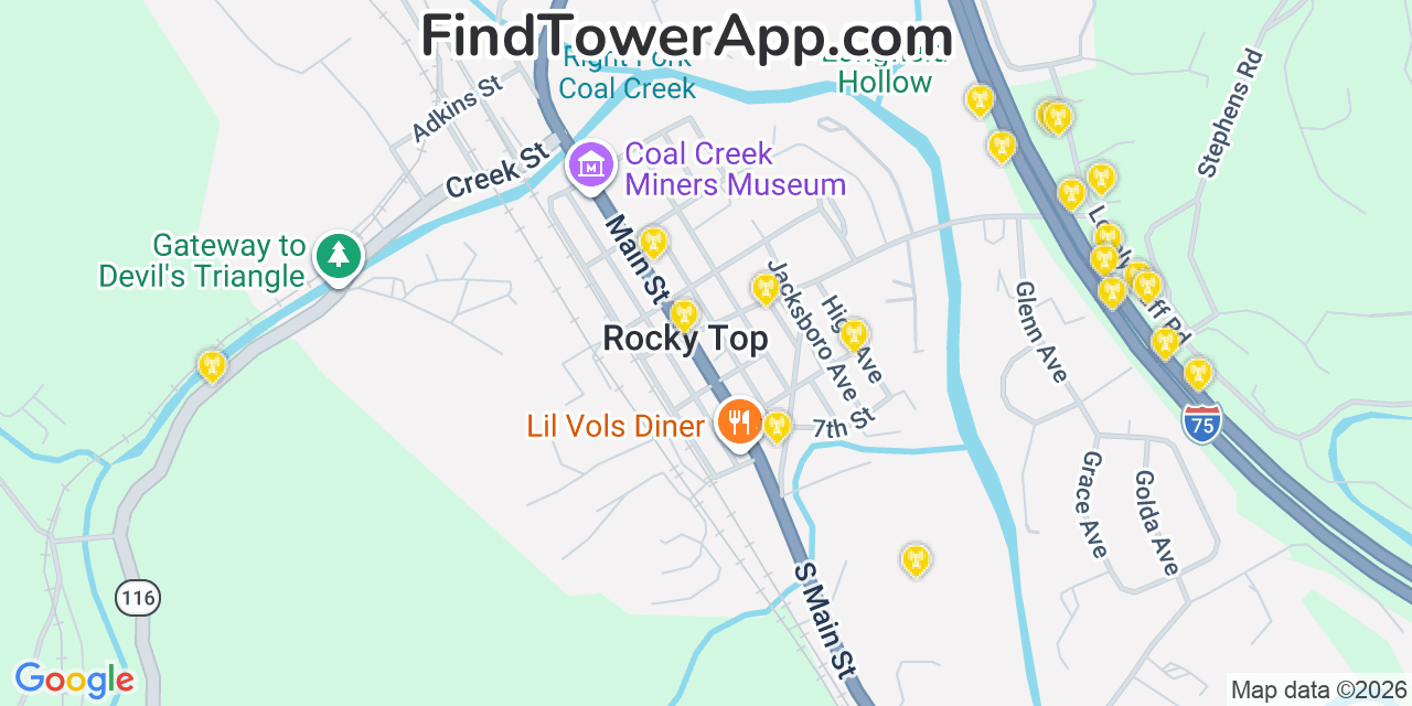 Map showing the 20 primary cell tower locations detected in Rocky Top, Tennessee from AT&T, Verizon, and T-Mobile networks