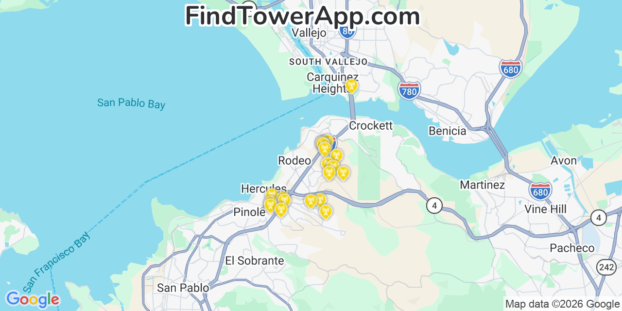 Map showing the 20 primary cell tower locations detected in Rodeo, California from AT&T, Verizon, and T-Mobile networks
