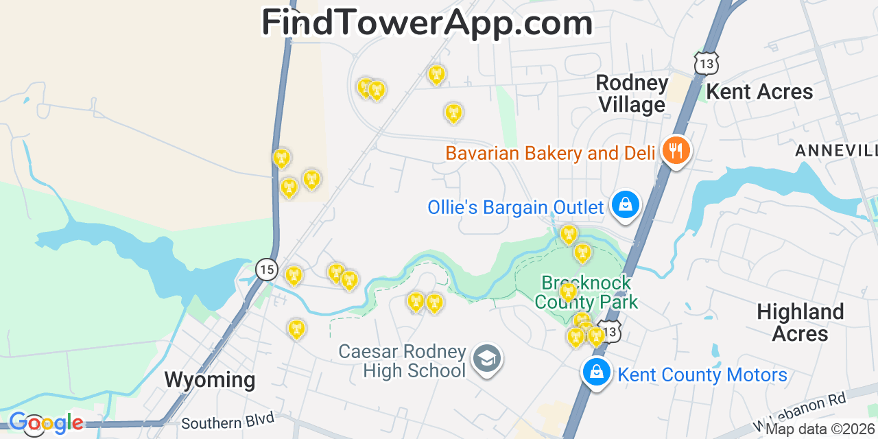 Map showing the 20 primary cell tower locations detected in Rodney Village, Delaware from AT&T, Verizon, and T-Mobile networks