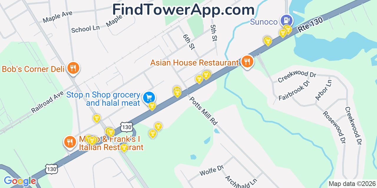 Map showing the 20 primary cell tower locations detected in Roebling, New Jersey from AT&T, Verizon, and T-Mobile networks