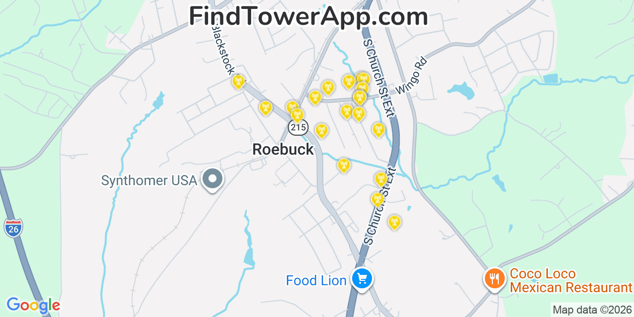 Map showing the 20 primary cell tower locations detected in Roebuck, South Carolina from AT&T, Verizon, and T-Mobile networks