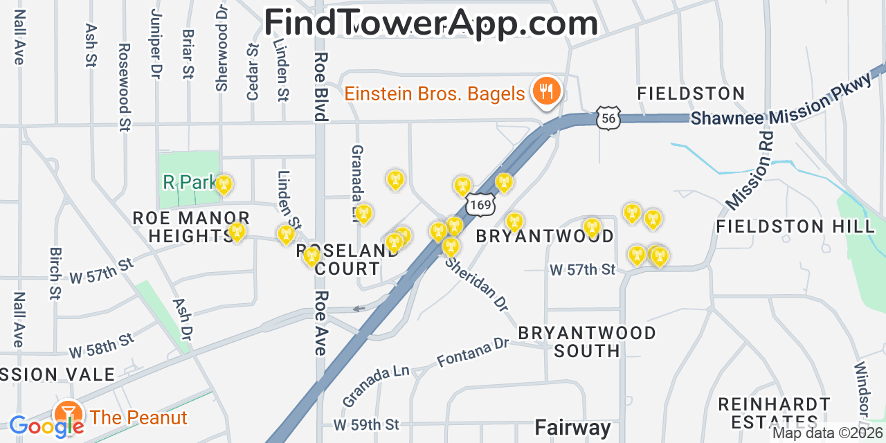 Map showing the 20 primary cell tower locations detected in Roeland Park, Kansas from AT&T, Verizon, and T-Mobile networks