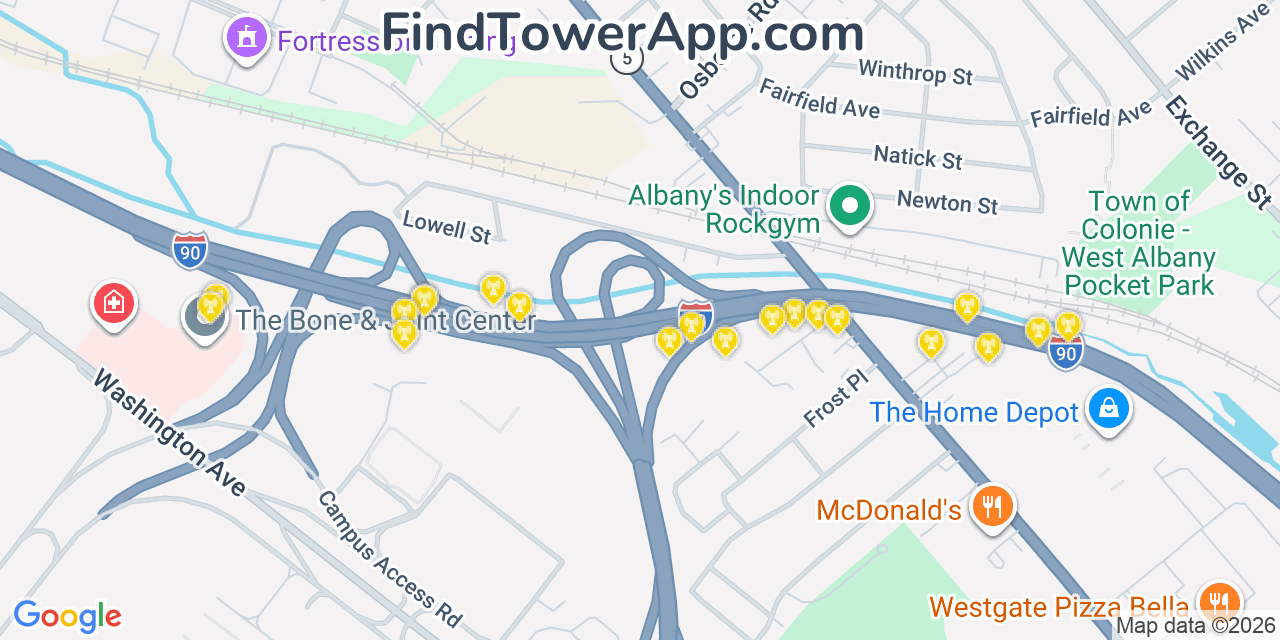 Map showing the 20 primary cell tower locations detected in Roessleville, New York from AT&T, Verizon, and T-Mobile networks