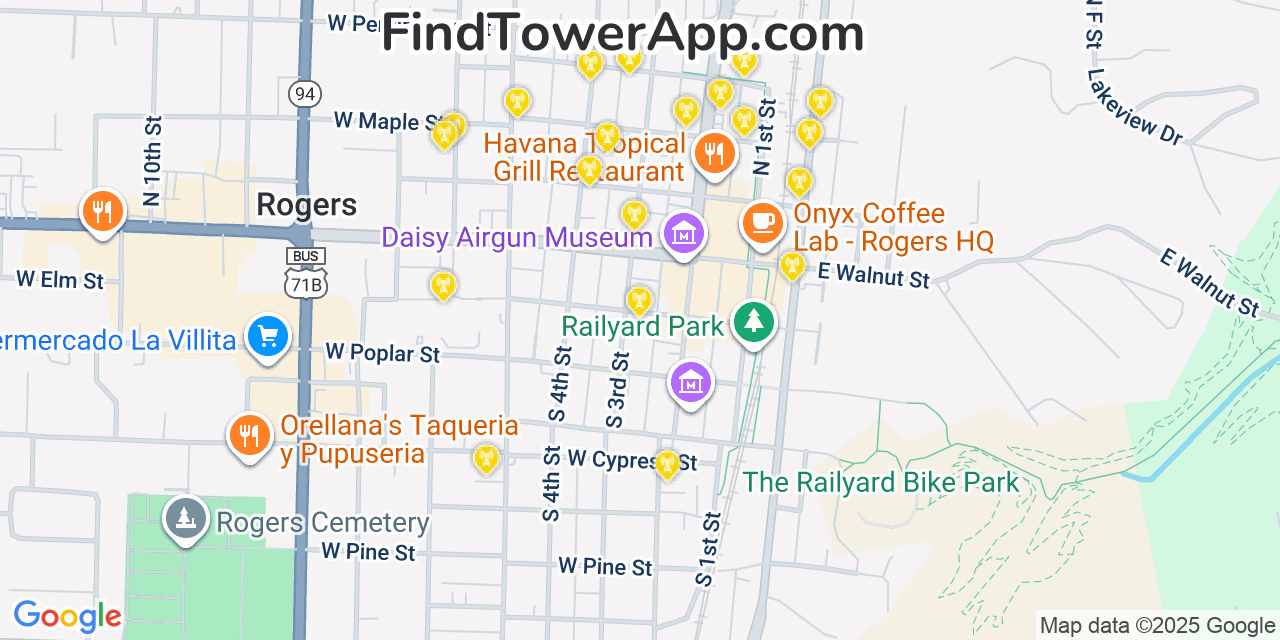 Map showing the 20 primary cell tower locations detected in Rogers, Arkansas from AT&T, Verizon, and T-Mobile networks