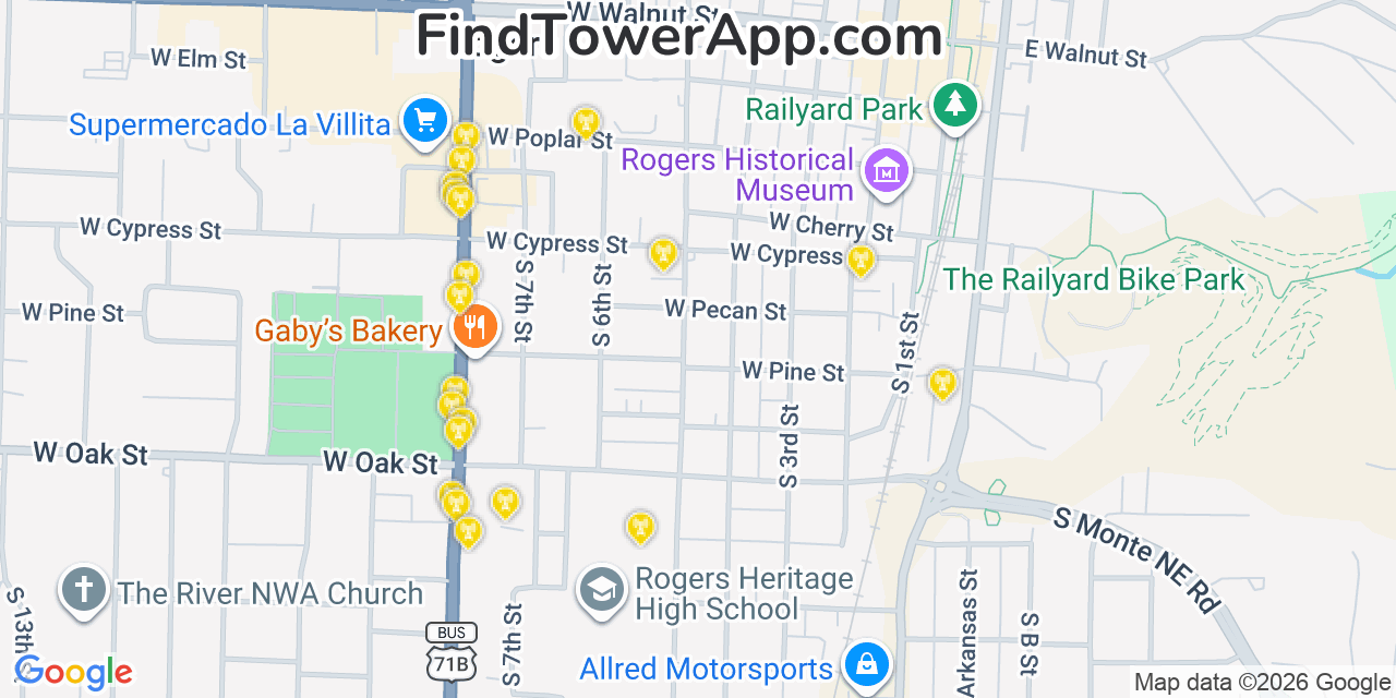 Map showing the 20 primary cell tower locations detected in Rogers, Arkansas from AT&T, Verizon, and T-Mobile networks