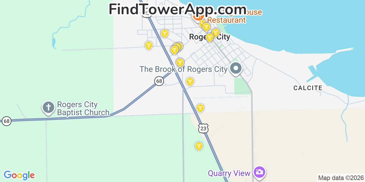 Map showing the 20 primary cell tower locations detected in Rogers City, Michigan from AT&T, Verizon, and T-Mobile networks