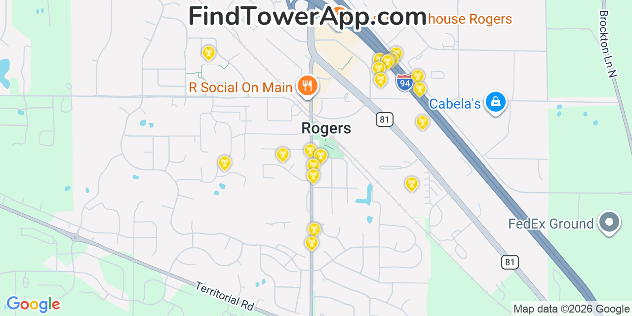 Map showing the 20 primary cell tower locations detected in Rogers, Minnesota from AT&T, Verizon, and T-Mobile networks