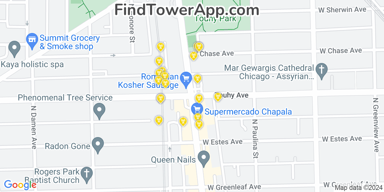 AT&T 4G/5G cell tower coverage map Rogers Park, Illinois