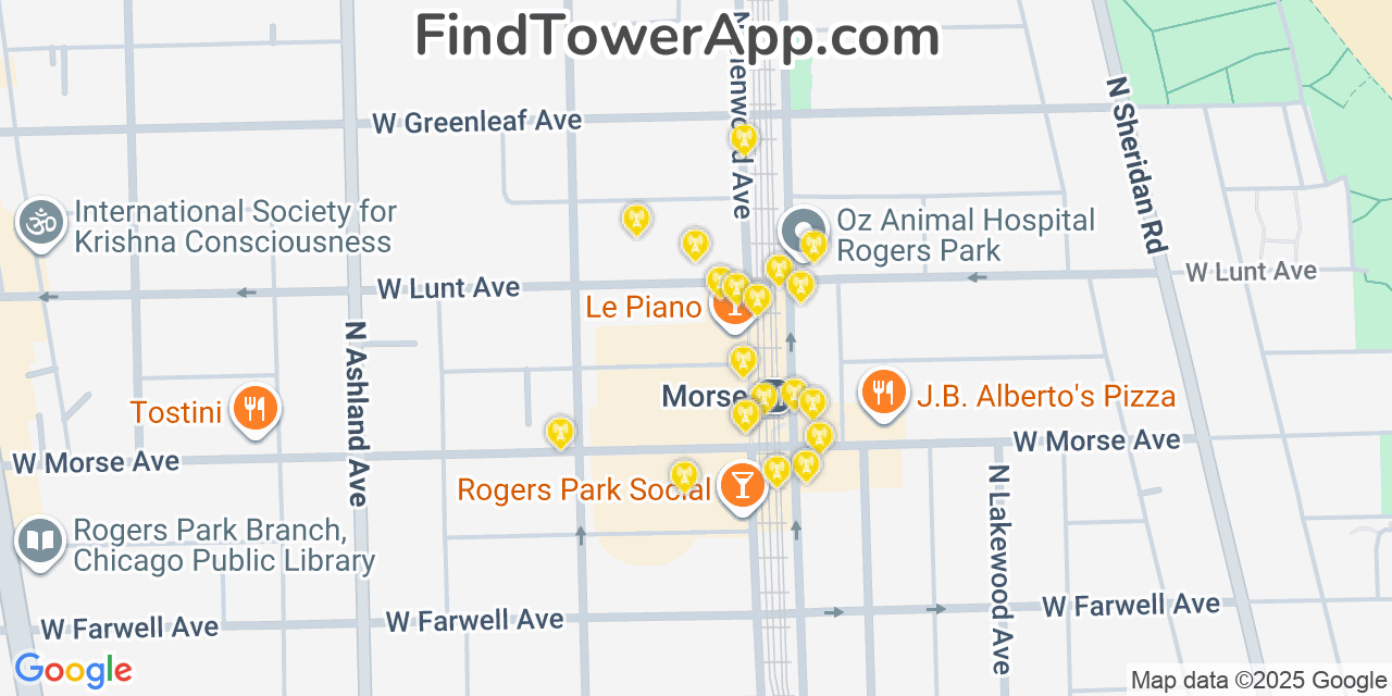 Map showing the 20 primary cell tower locations detected in Rogers Park, Illinois from AT&T, Verizon, and T-Mobile networks