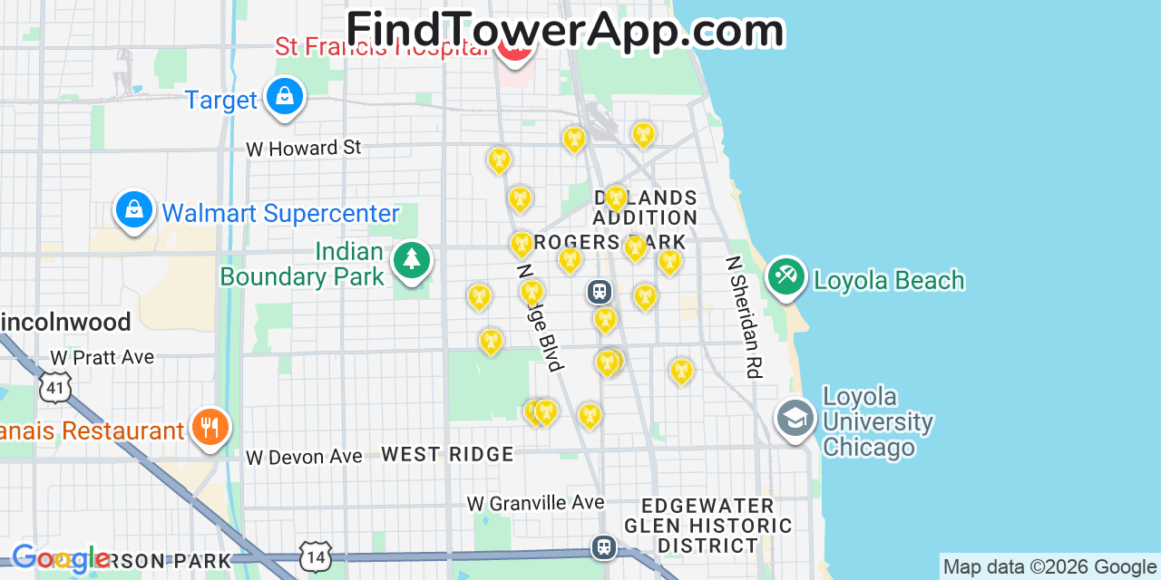Map showing the 20 primary cell tower locations detected in Rogers Park, Illinois from AT&T, Verizon, and T-Mobile networks