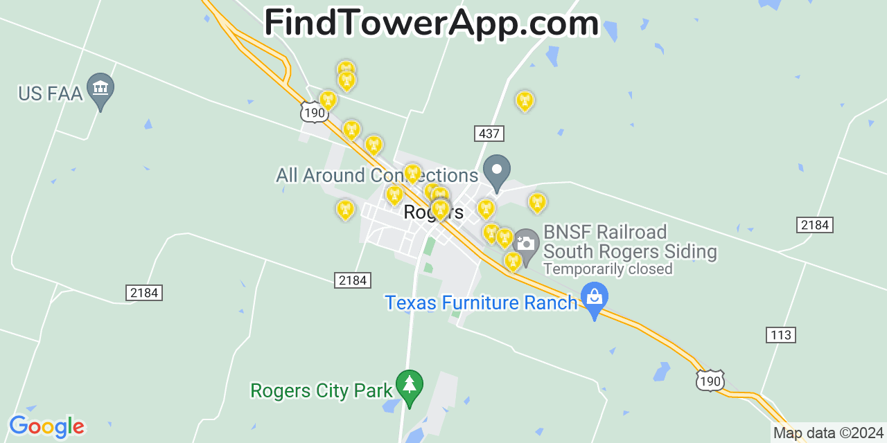 AT&T 4G/5G cell tower coverage map Rogers, Texas