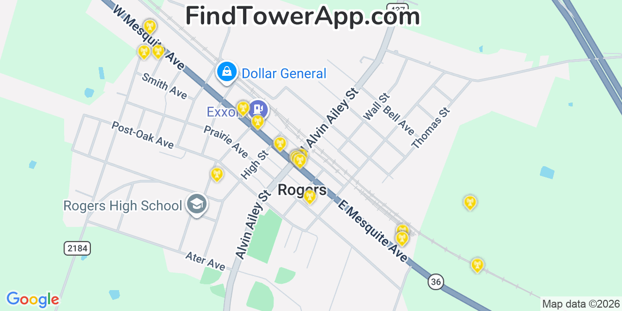 Map showing the 20 primary cell tower locations detected in Rogers, Texas from AT&T, Verizon, and T-Mobile networks