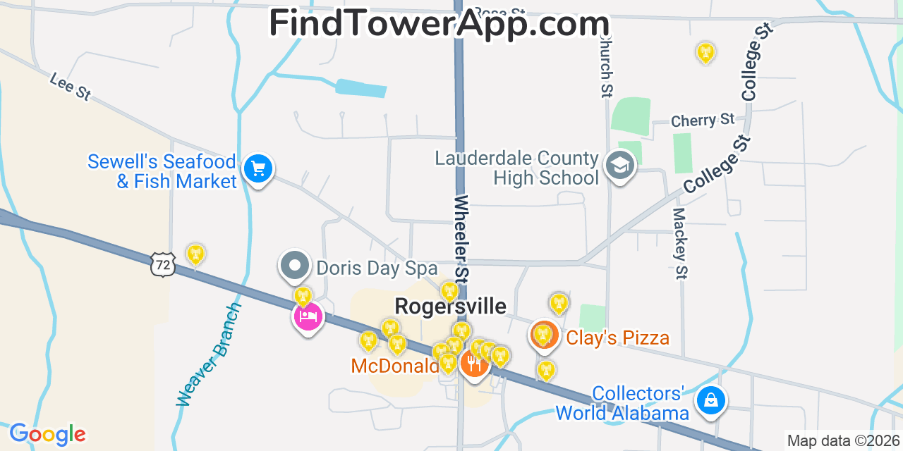 Map showing the 20 primary cell tower locations detected in Rogersville, Alabama from AT&T, Verizon, and T-Mobile networks