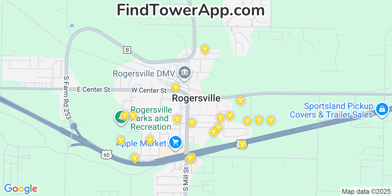 Map showing the 20 primary cell tower locations detected in Rogersville, Missouri from AT&T, Verizon, and T-Mobile networks