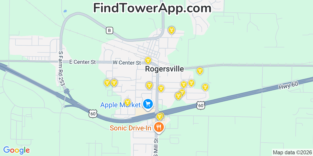 Map showing the 20 primary cell tower locations detected in Rogersville, Missouri from AT&T, Verizon, and T-Mobile networks