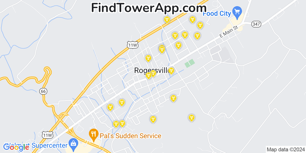 AT&T 4G/5G cell tower coverage map Rogersville, Tennessee