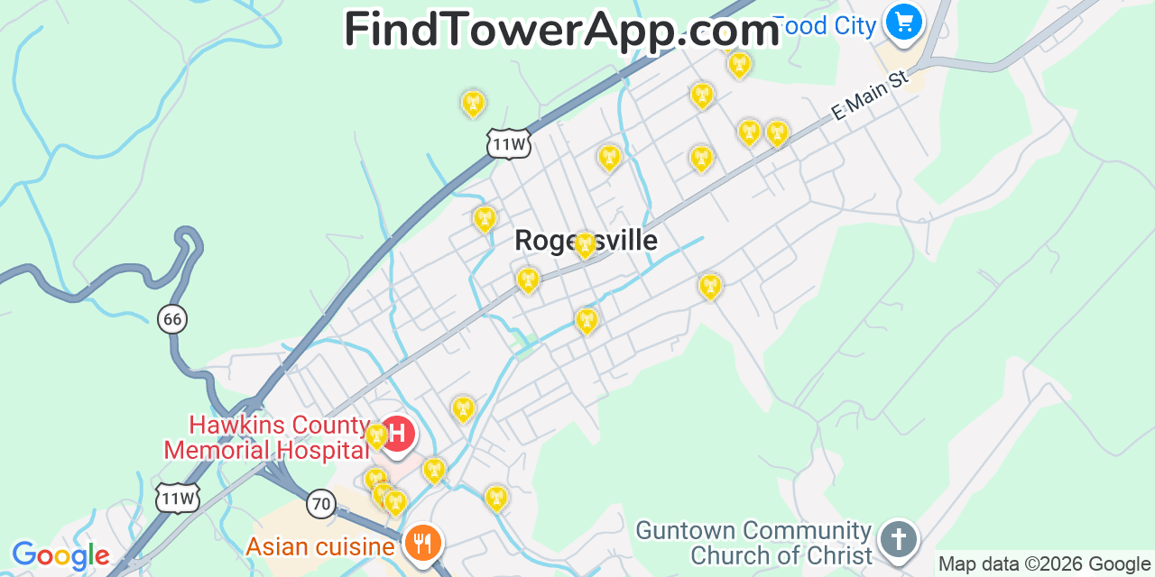 Map showing the 20 primary cell tower locations detected in Rogersville, Tennessee from AT&T, Verizon, and T-Mobile networks