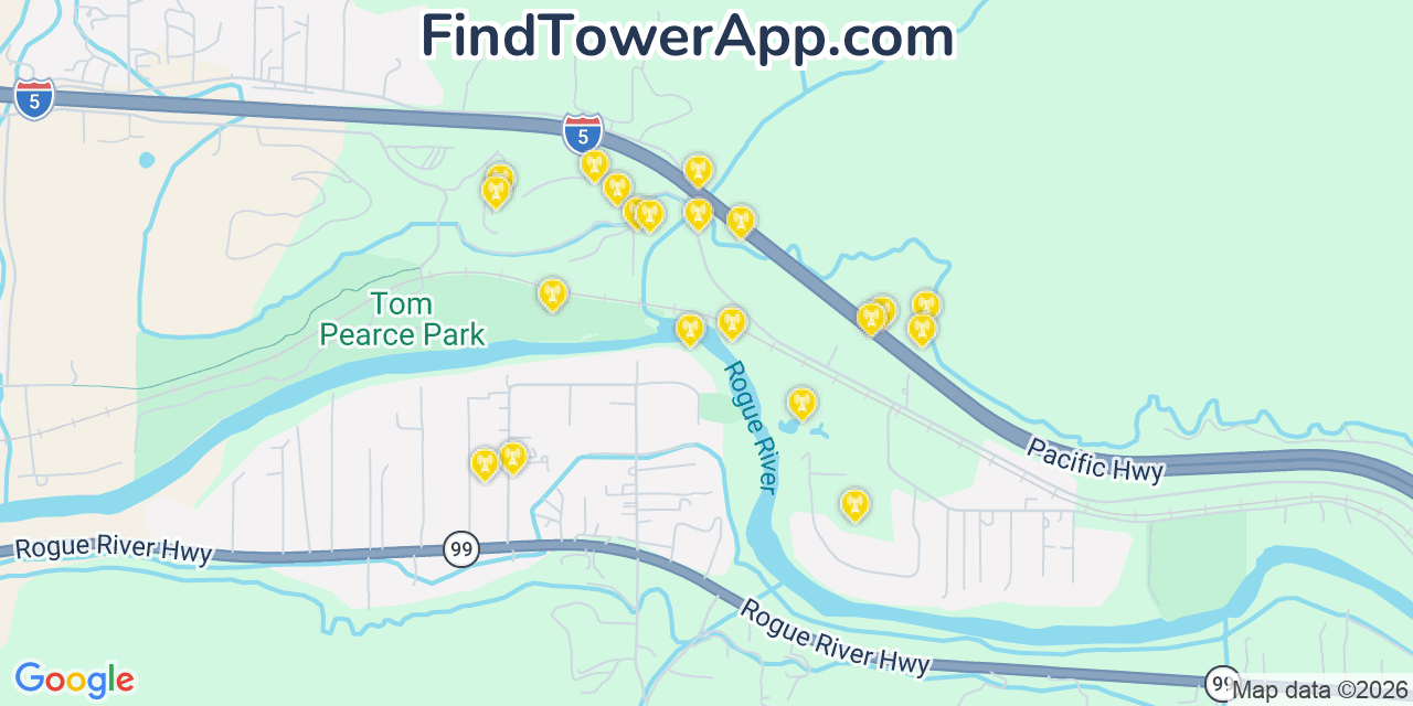 Map showing the 20 primary cell tower locations detected in Rogue River, Oregon from AT&T, Verizon, and T-Mobile networks