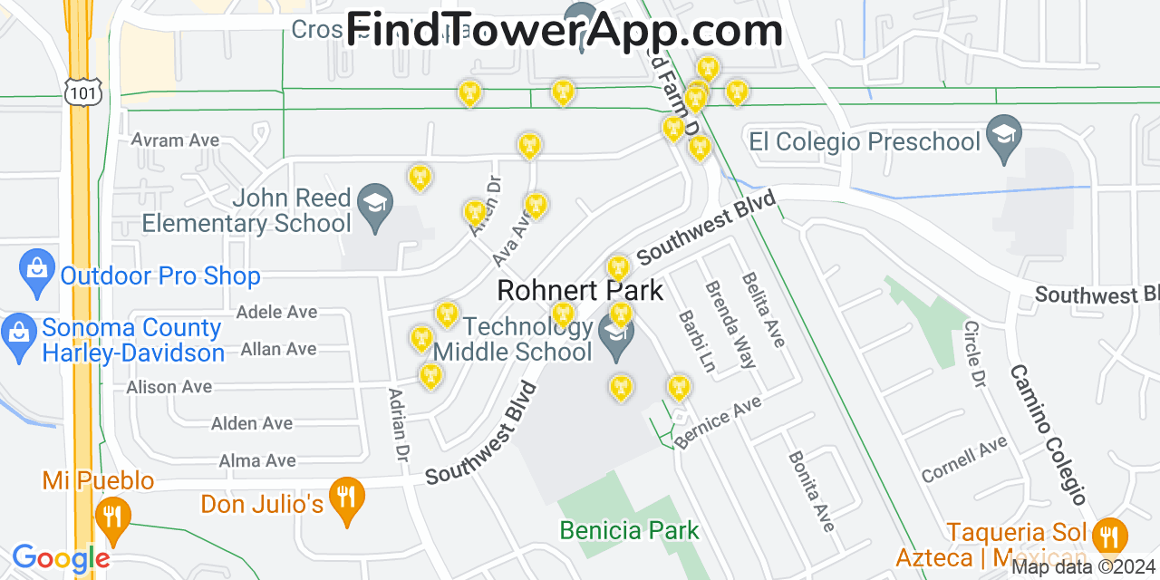 AT&T 4G/5G cell tower coverage map Rohnert Park, California