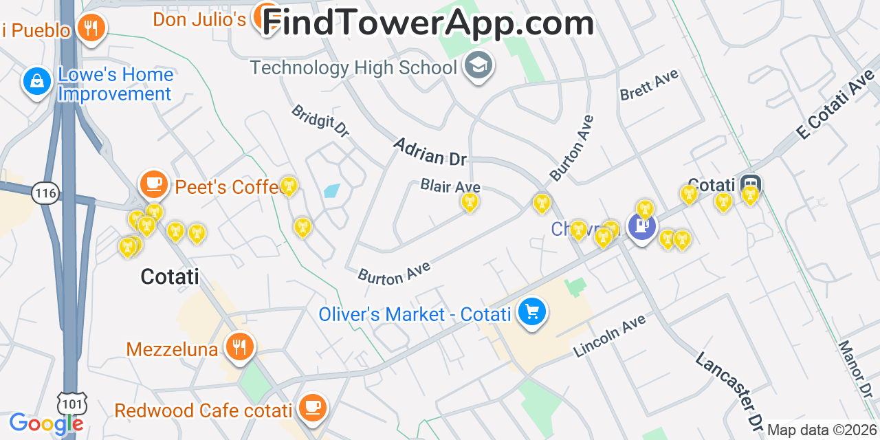 Map showing the 20 primary cell tower locations detected in Rohnert Park, California from AT&T, Verizon, and T-Mobile networks