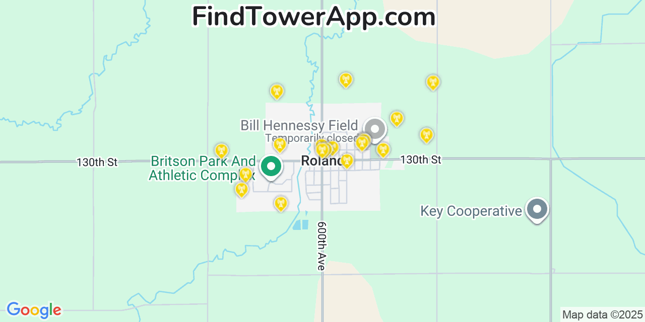 Map showing the 20 primary cell tower locations detected in Roland, Iowa from AT&T, Verizon, and T-Mobile networks