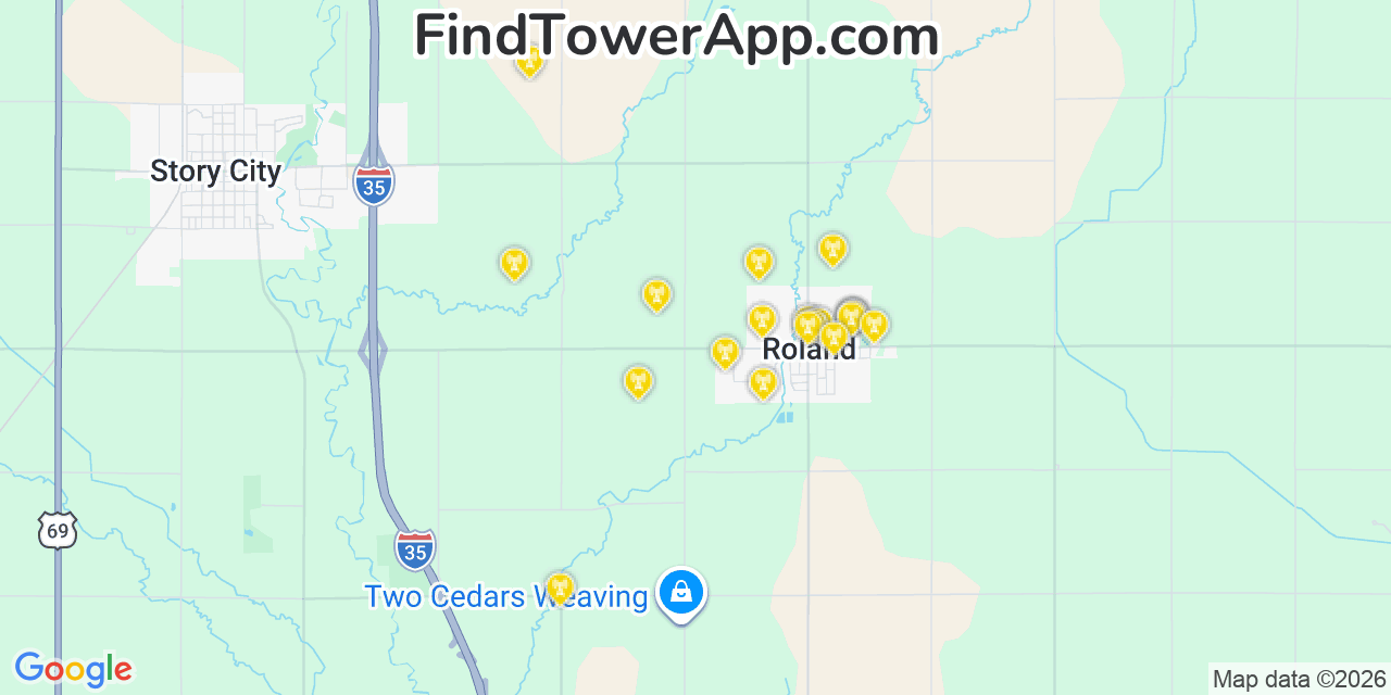 Map showing the 20 primary cell tower locations detected in Roland, Iowa from AT&T, Verizon, and T-Mobile networks