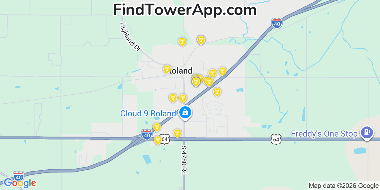 Map showing the 20 primary cell tower locations detected in Roland, Oklahoma from AT&T, Verizon, and T-Mobile networks