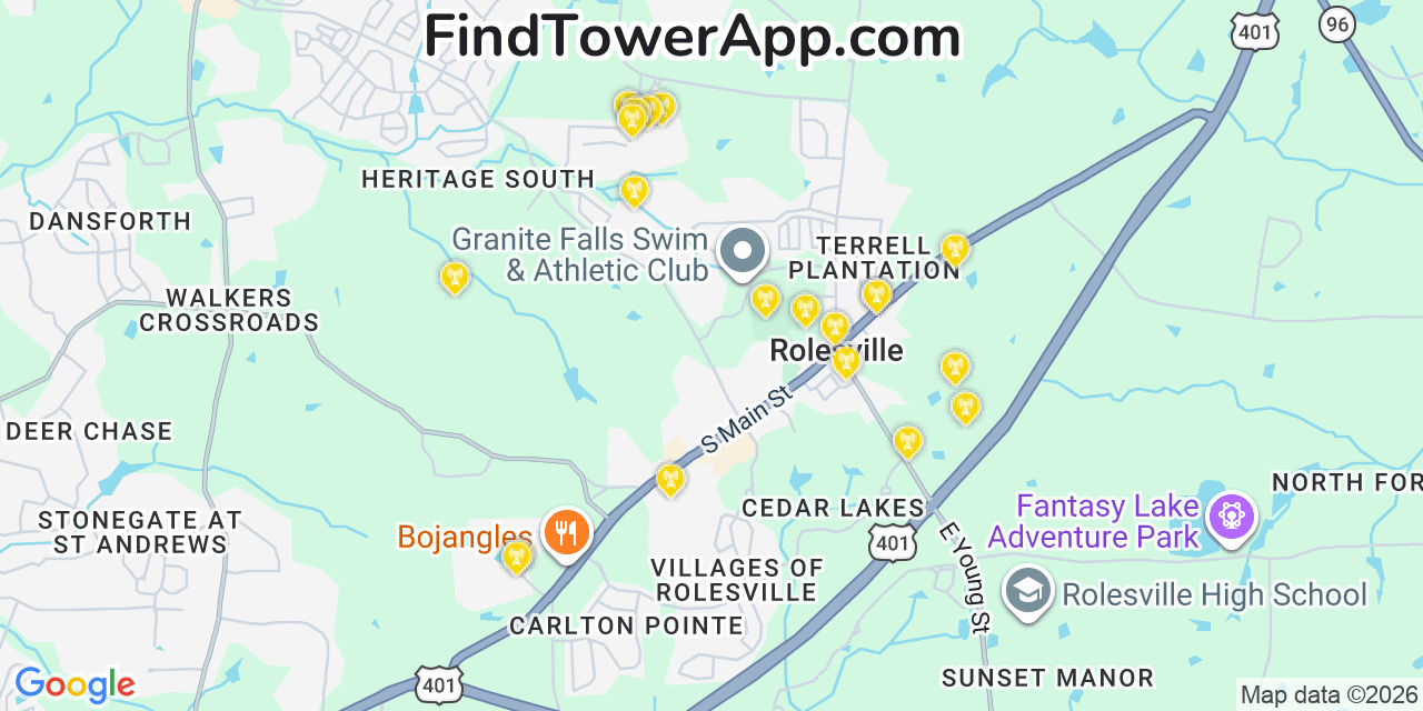 Map showing the 20 primary cell tower locations detected in Rolesville, North Carolina from AT&T, Verizon, and T-Mobile networks