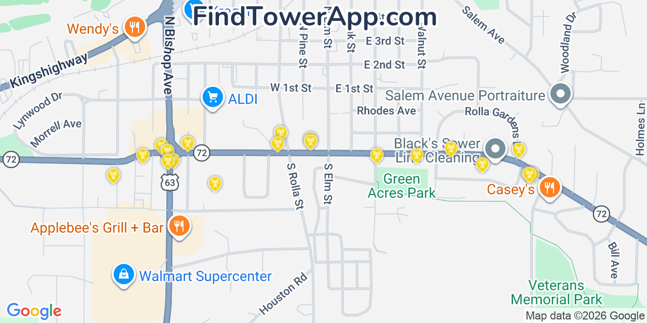 Map showing the 20 primary cell tower locations detected in Rolla, Missouri from AT&T, Verizon, and T-Mobile networks