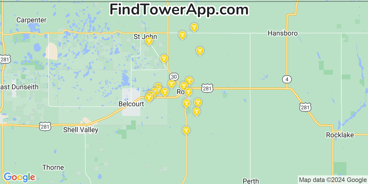 AT&T 4G/5G cell tower coverage map Rolla, North Dakota