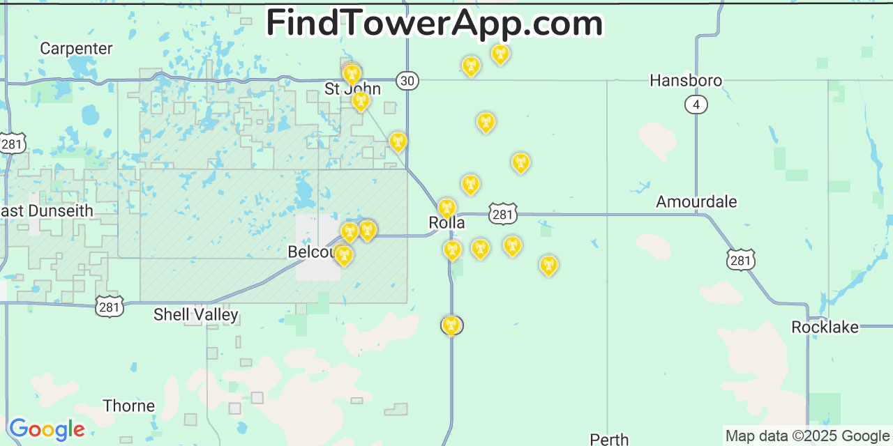 Map showing the 20 primary cell tower locations detected in Rolla, North Dakota from AT&T, Verizon, and T-Mobile networks