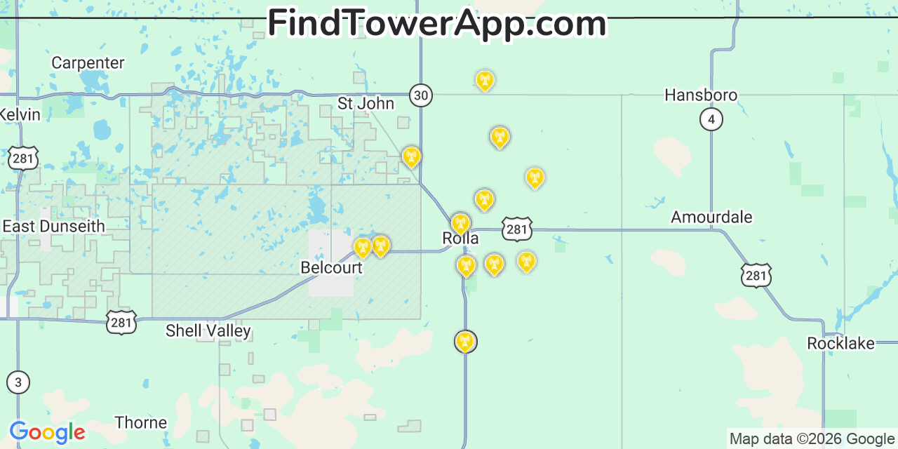 Map showing the 20 primary cell tower locations detected in Rolla, North Dakota from AT&T, Verizon, and T-Mobile networks