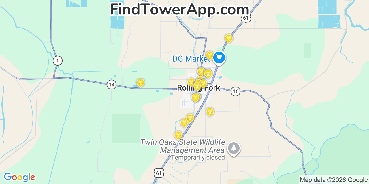 Map showing the 20 primary cell tower locations detected in Rolling Fork, Mississippi from AT&T, Verizon, and T-Mobile networks