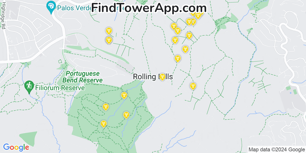 AT&T 4G/5G cell tower coverage map Rolling Hills, California