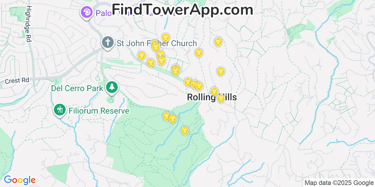 Map showing the 20 primary cell tower locations detected in Rolling Hills, California from AT&T, Verizon, and T-Mobile networks