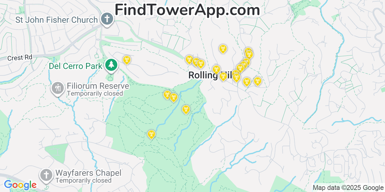 Map showing the 20 primary cell tower locations detected in Rolling Hills, California from AT&T, Verizon, and T-Mobile networks