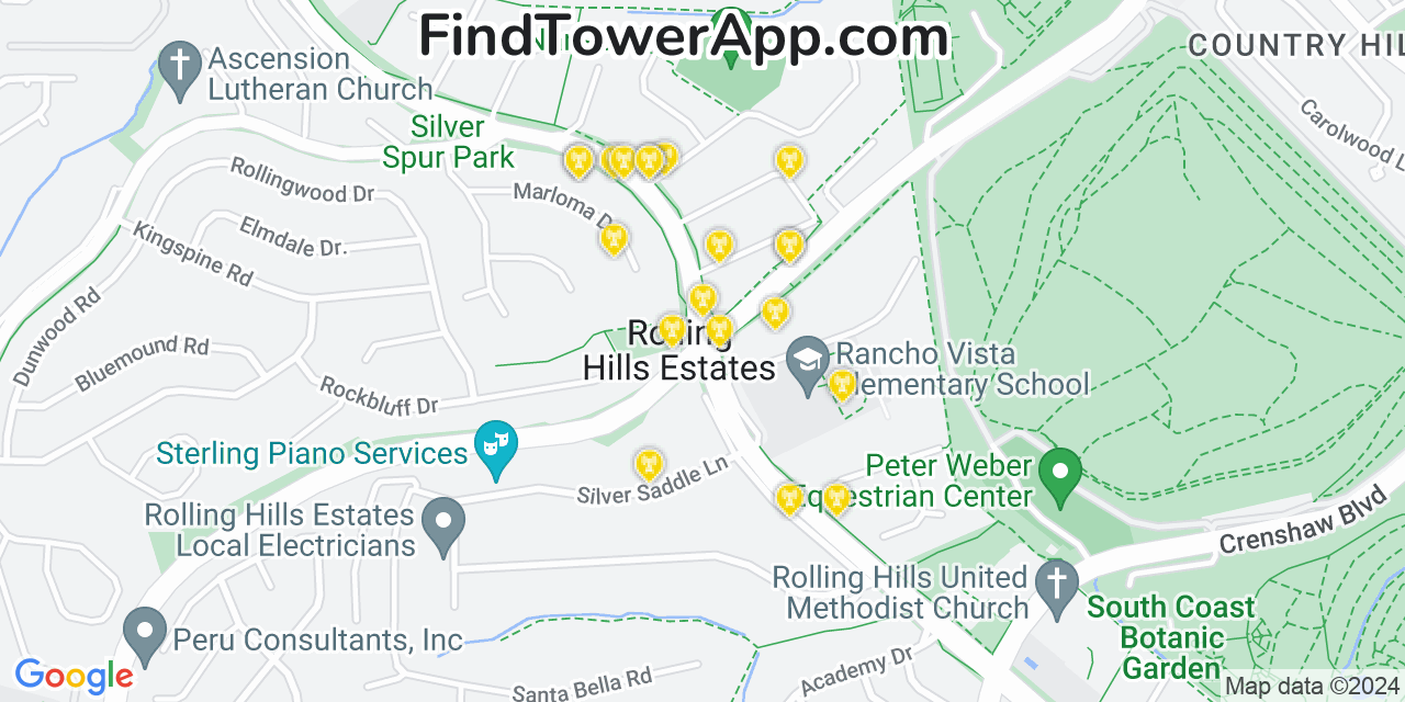 AT&T 4G/5G cell tower coverage map Rolling Hills Estates, California