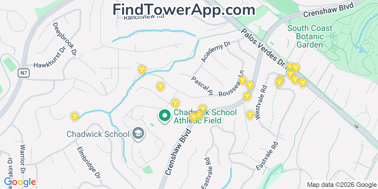 Map showing the 20 primary cell tower locations detected in Rolling Hills Estates, California from AT&T, Verizon, and T-Mobile networks