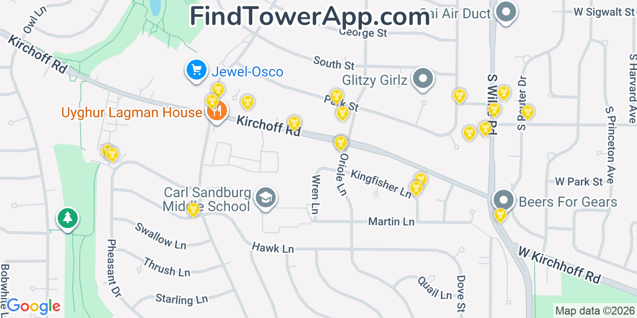 Map showing the 20 primary cell tower locations detected in Rolling Meadows, Illinois from AT&T, Verizon, and T-Mobile networks