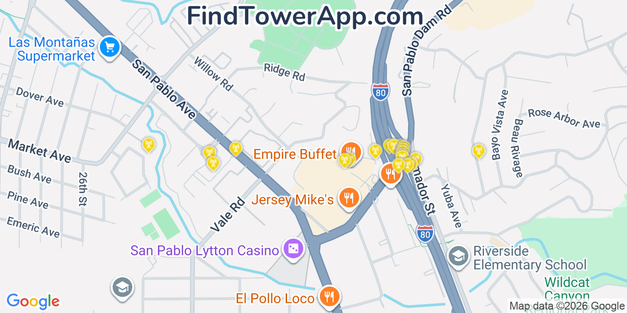 Map showing the 20 primary cell tower locations detected in Rollingwood, California from AT&T, Verizon, and T-Mobile networks
