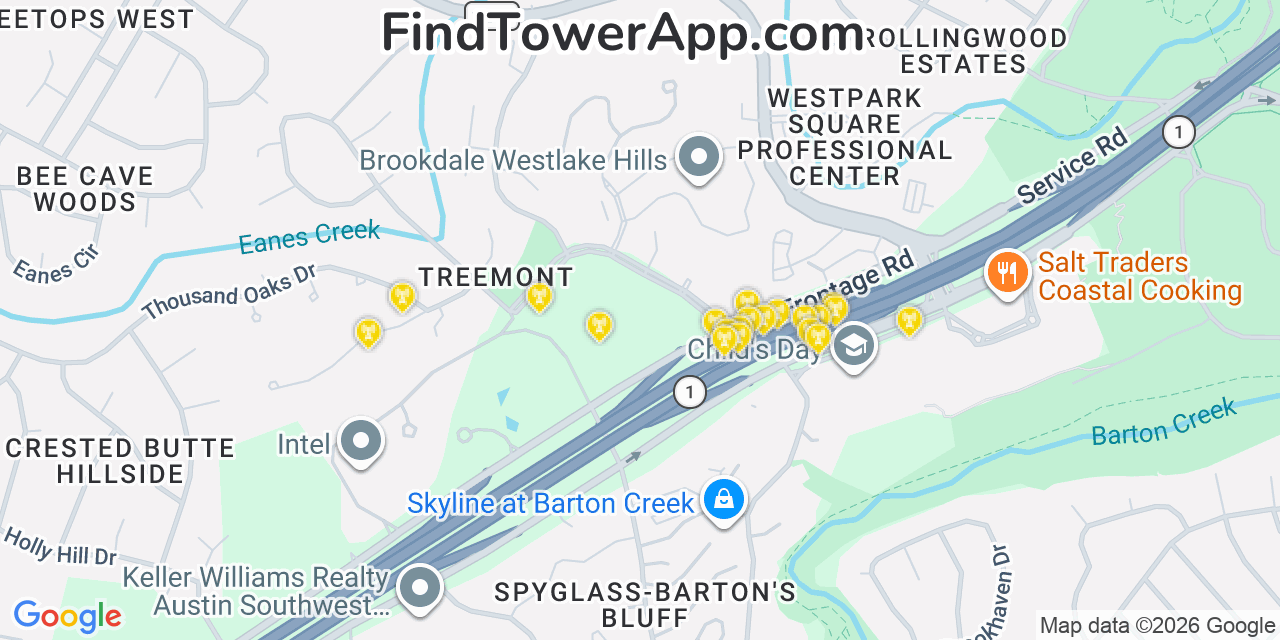Map showing the 20 primary cell tower locations detected in Rollingwood, Texas from AT&T, Verizon, and T-Mobile networks