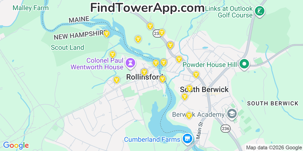Map showing the 20 primary cell tower locations detected in Rollinsford, New Hampshire from AT&T, Verizon, and T-Mobile networks