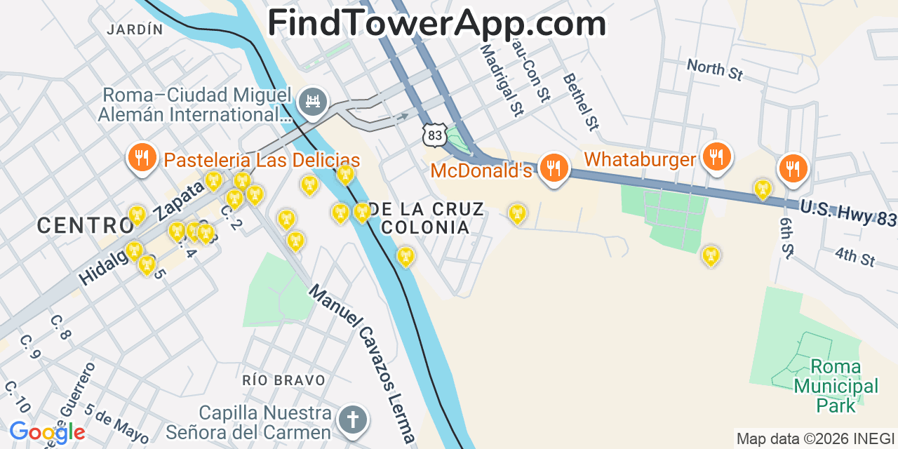Map showing the 20 primary cell tower locations detected in Roma Los Saenz, Texas from AT&T, Verizon, and T-Mobile networks