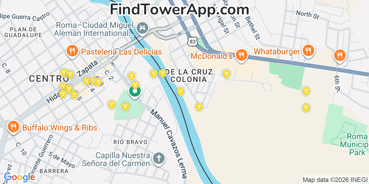 Map showing the 20 primary cell tower locations detected in Roma, Texas from AT&T, Verizon, and T-Mobile networks