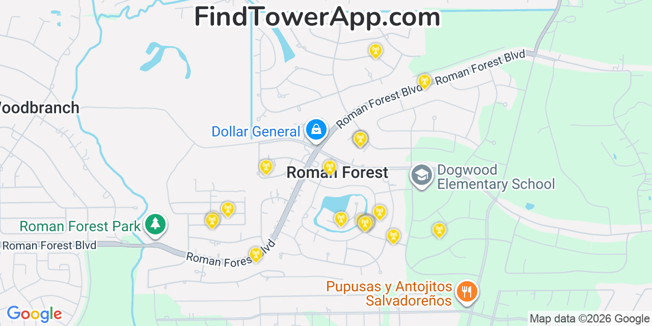 Map showing the 20 primary cell tower locations detected in Roman Forest, Texas from AT&T, Verizon, and T-Mobile networks