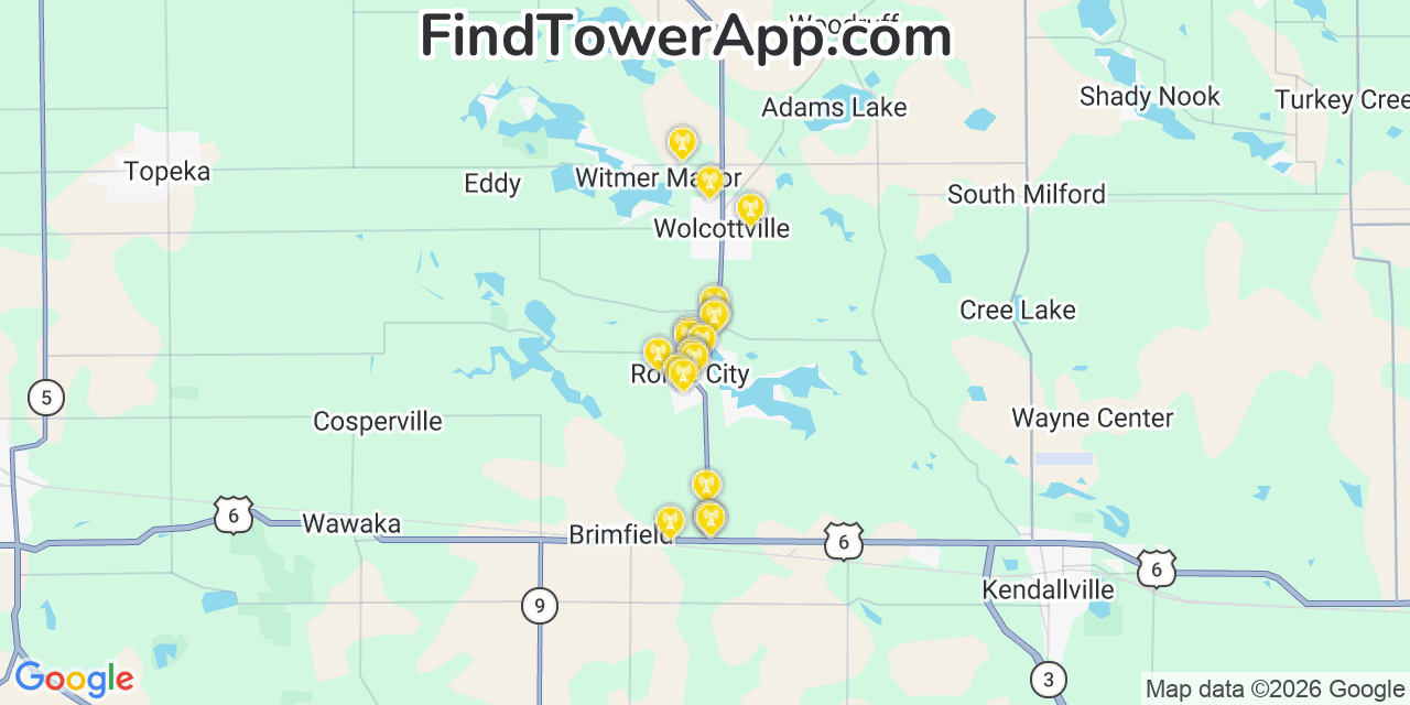 Map showing the 20 primary cell tower locations detected in Rome City, Indiana from AT&T, Verizon, and T-Mobile networks